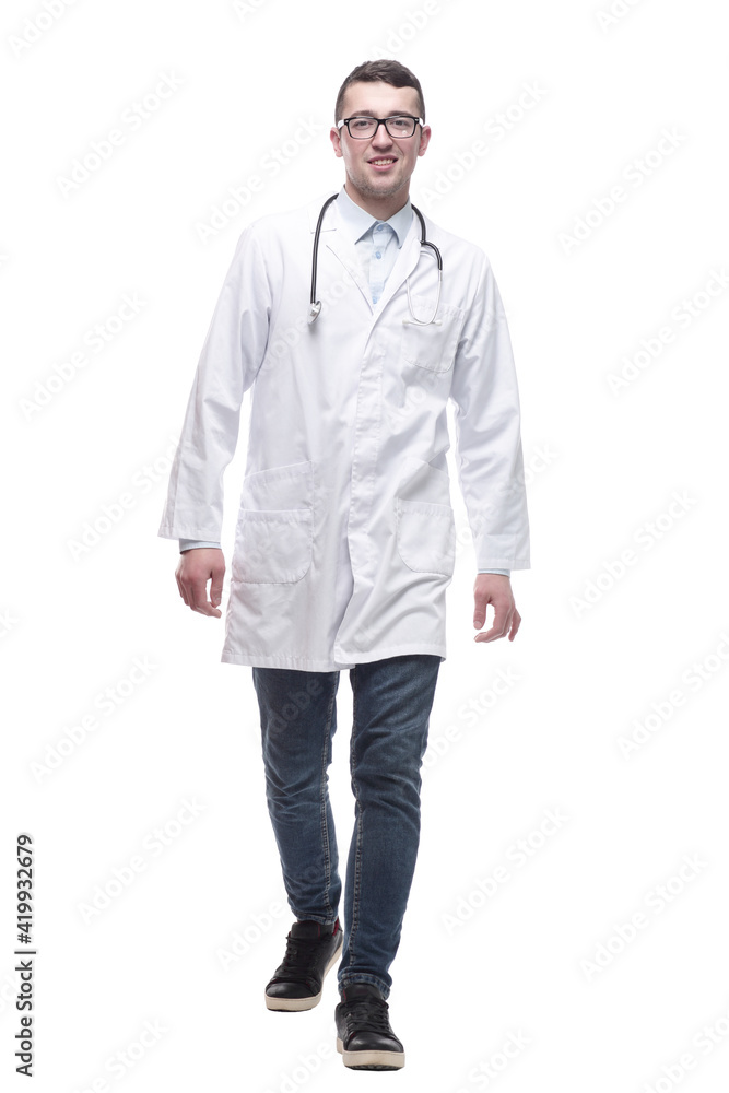 doctor in a white coat striding forward. doctor in a white coat striding forward.