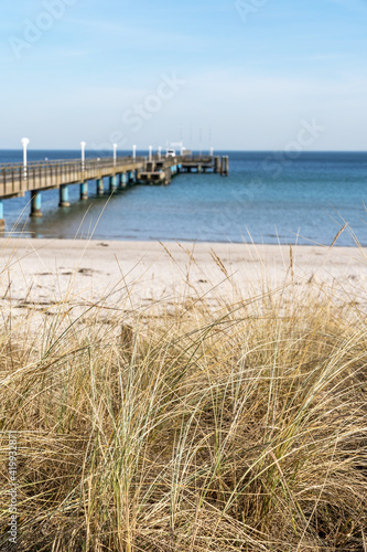 baltic sea with grass in the foreground and pier