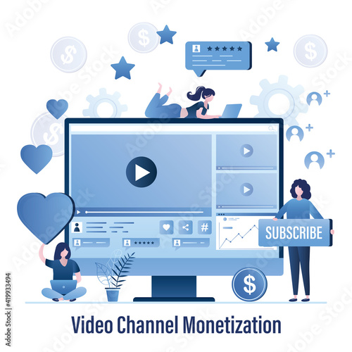 Video channel or blog monetization. Various women subscribers comments and follows to vlog. Monitor with video blog on screen. Online earnings
