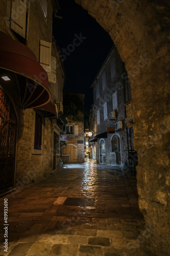 Empty street in an old town of Budva at night, Montenegro.