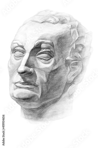 Drawing of the sculpture of the head of Gattamelata (Erasmo of Narni). Isometric projection. Academic pencil drawing. Old drawing