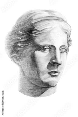 Drawing of the sculpture of the head of Venus de Milo (Aphrodites from the island of Melos) . Isometric projection. Academic pencil drawing. Old drawing