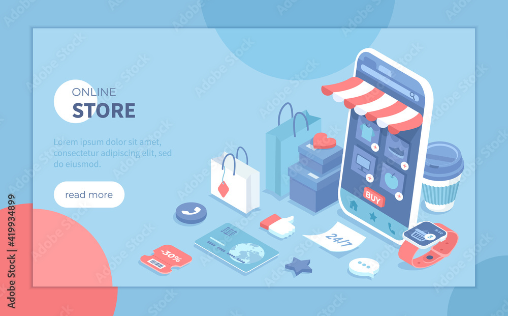 Online Store Shop. Mobile application. Internet shopping, e-commerce, 24 hour service. Online ordering of groceries, clothing, electronic devices, medicines. Isometric vector illustration for banner