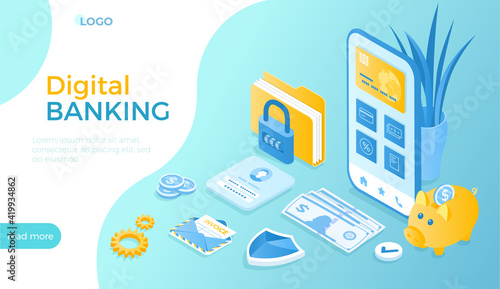 Digital mobile banking. Online financial service. Internet Bank. Online financial operations, payment, shopping. Isometric vector illustration for website.