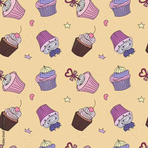 Vector seamless pattern with cartoon cupcakes and doodles.