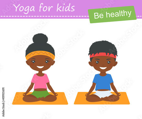 Cute african american chibi boy and chibi girl practice yoga isolated on white background. Cartoon flat style
