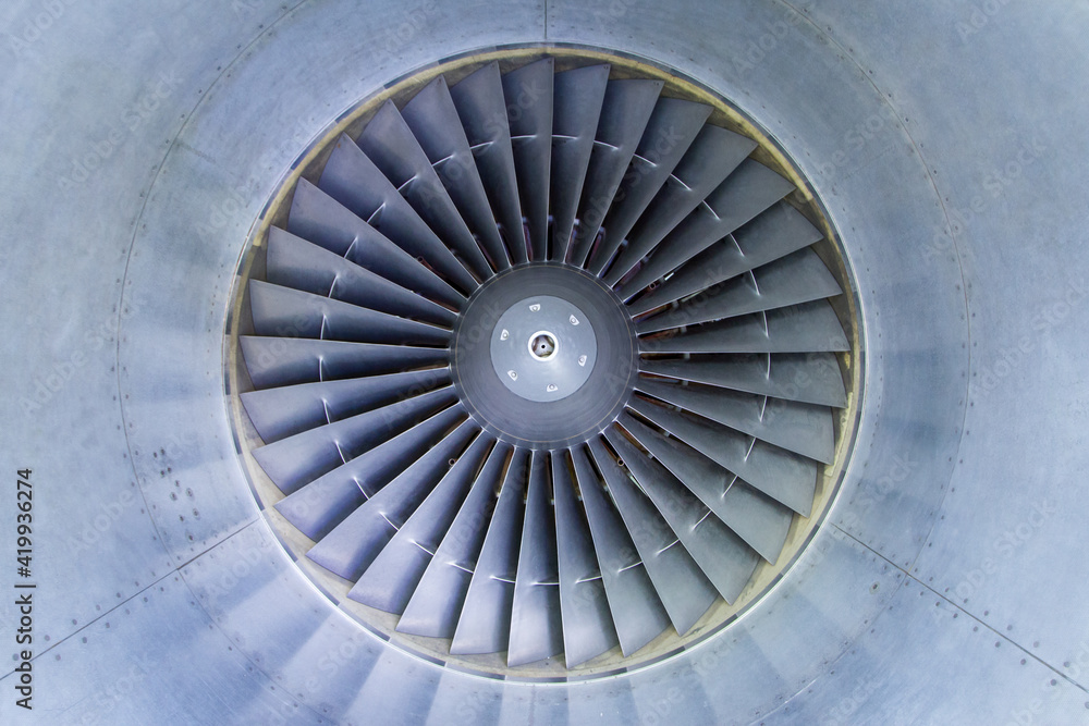 View into an airplane engine with fan blades View into an airplane engine with fan blades