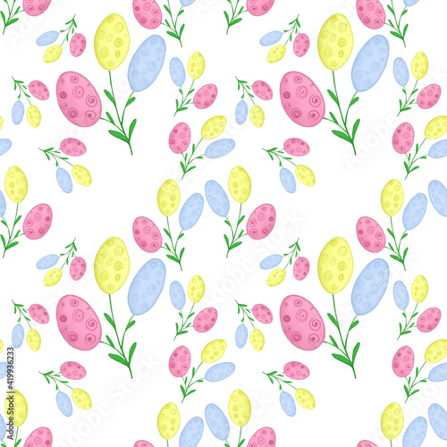 Seamless pattern Easter  pink yellow blue flower egg with spiral on white background  plants  food  sweets  holiday . for design  decoration  postcards