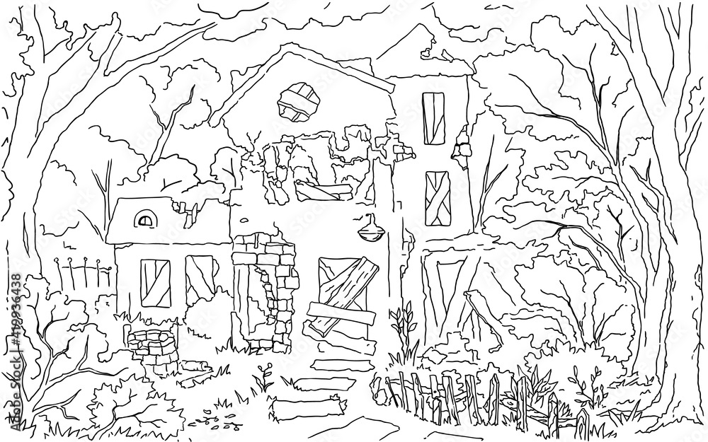 Old dilapidated house scene line drawing background, vector, horizontal, black and white