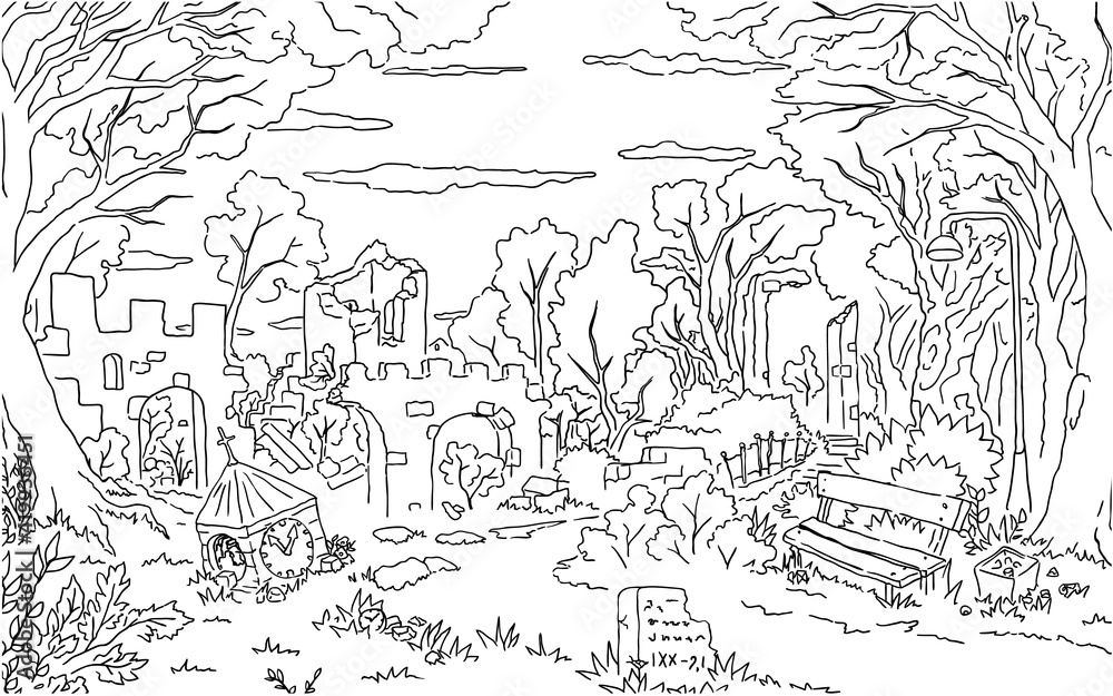 Park old ruins scene line drawing background, vector, horizontal, black and white