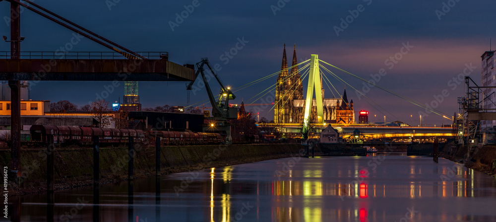 Cologne-Deutz harbor with a view of Cologne Cathedral, Germany.