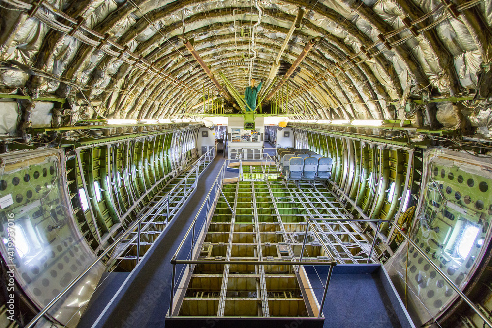 Inside view of airplane fuselage during maintenance - obrazy, fototapety, plakaty 