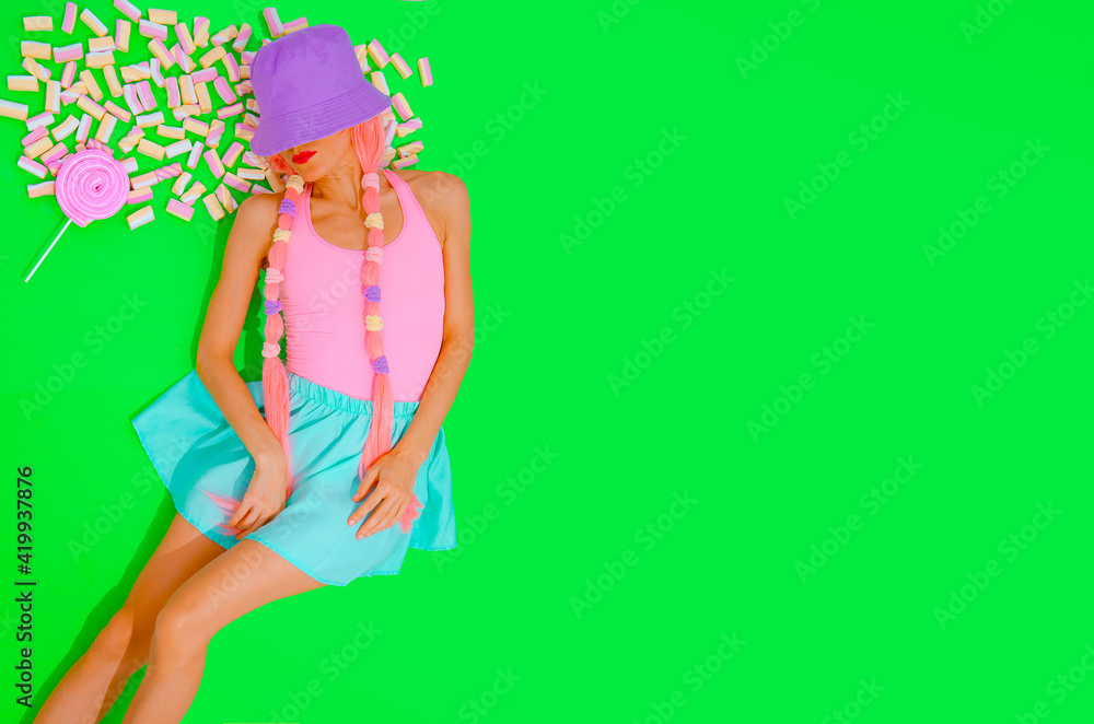 Summer candy girl 90s fashion style. Kawaii party look. Copy space. Banner. Hello sunny honey Summer candy girl 90s fashion style. Kawaii party look. Copy space. Banner. Hello sunny honey