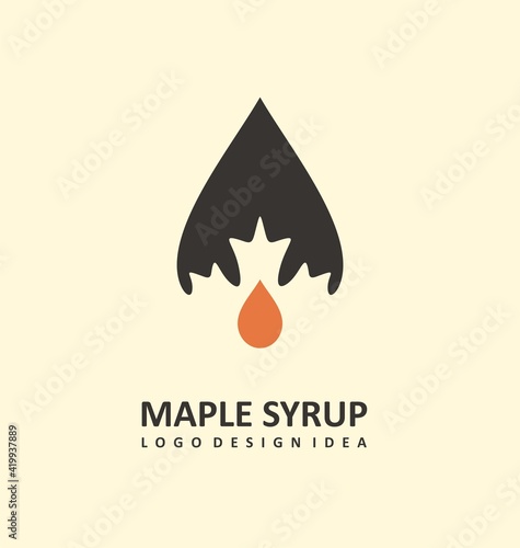 Maple syrup logo design idea with syrup drop and maple leaf in negative space. Symbol template. Vector icon.
