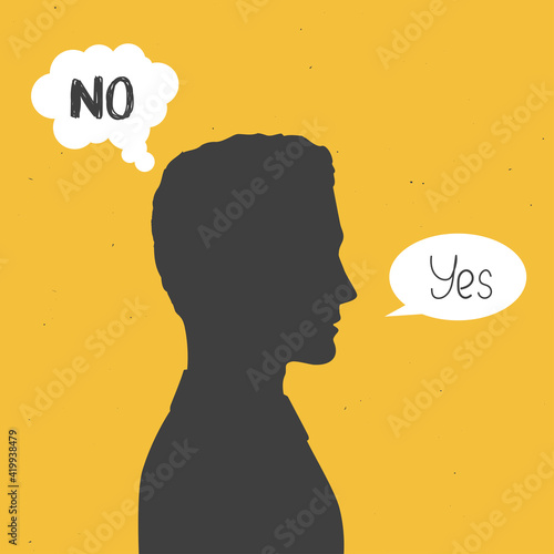 Man has trouble with saying no and he prefers to say yes. Conceptual poster about internal struggle, indecision, inner self and outer-self.