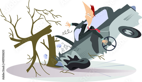 Car smashed into a tree isolated illustration. 
Man in the crashed car with a steering wheel smashed into a tree isolated on white illustration
