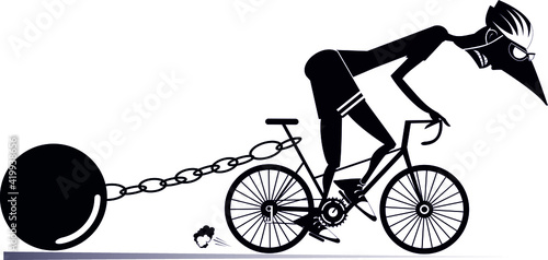 Hard training cyclist man illustration. 
Cyclist man drags a heavy weight to be connected by the chain to his bike black on white
