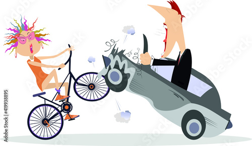 Cyclist and car driver accident illustration.
Road accident. Angry driver cries to cyclist woman smashed into the car isolated on white
