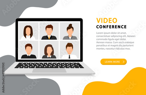 Video conference landing page. Online meeting. Video call with people on the computer screen. Videoconferencing on the computer screen. Quarantine, remote education, working from home.