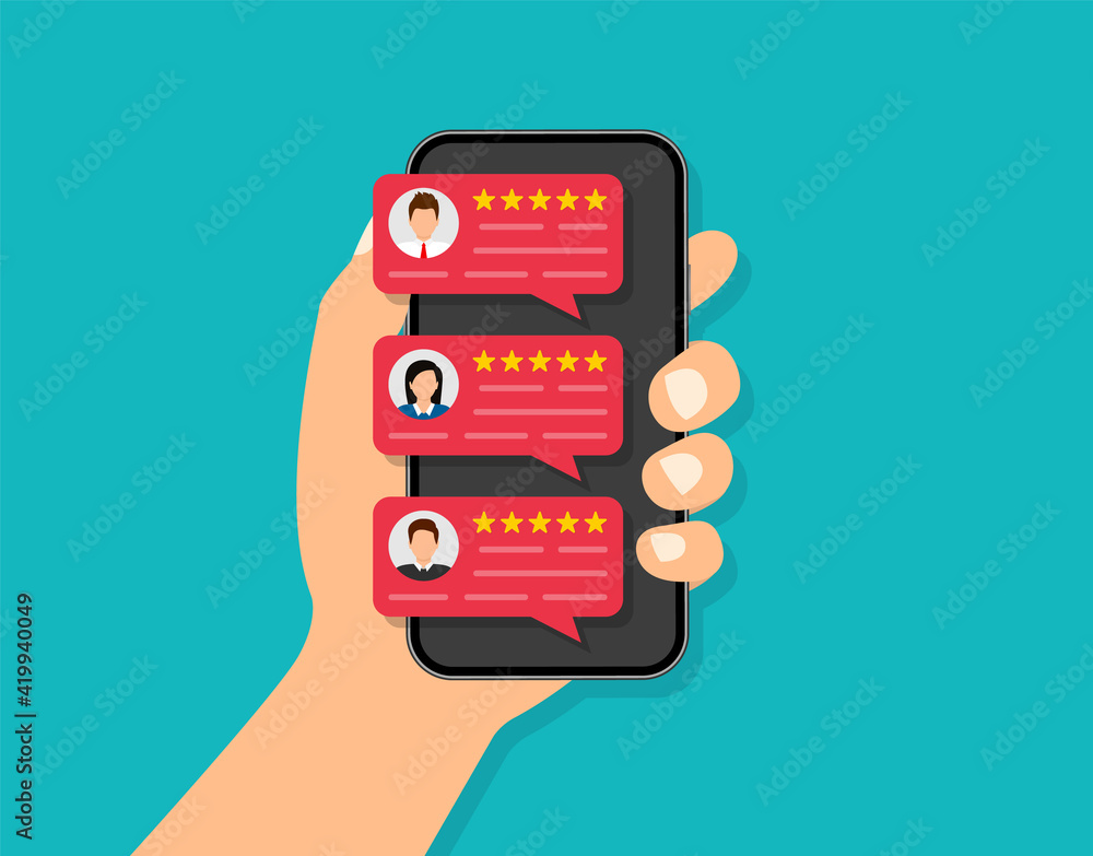 Customer reviews. User reviews bubble on smartphone. Feedback, experience concept. Online review notifications with star ratings. Flat style. Vector illustration. Customer reviews. User reviews bubble on smartphone. Feedback, experience concept. Online review notifications with star ratings. Flat style. Vector illustration.