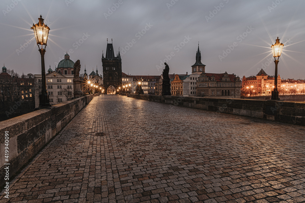Old Town Bridge Tower in the night with shining lamps, Czech republic