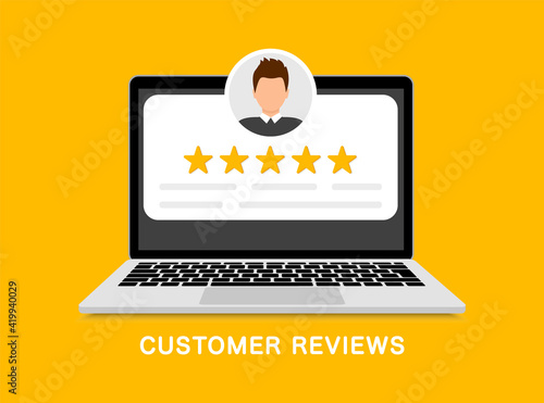 Customer reviews. User reviews bubble on laptop. Feedback, experience concept. Online review notifications with star ratings. Flat style. Vector illustration.