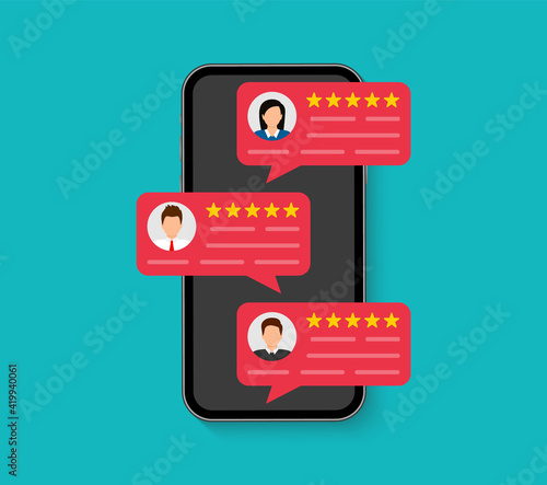 Customer reviews. User reviews bubble on smartphone. Feedback, experience concept. Online review notifications with star ratings. Flat style. Vector illustration.