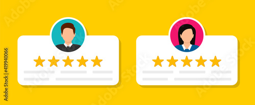 User reviews set. Customer feedback. Review of rated bubble speeches with stars. Notification message. Feedback rating. Vector illustration.