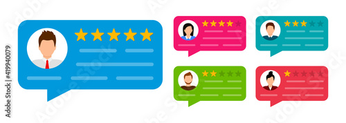 User reviews set. Customer feedback. Review of rated bubble speeches with stars. Notification message. Feedback rating. Vector illustration.