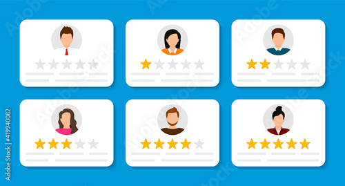 User reviews set. Customer feedback. Review of rated bubble speeches with stars. Notification message. Feedback rating. Vector illustration.