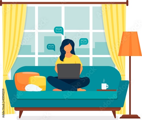 Young woman working on a laptop from home. Vector illustration
