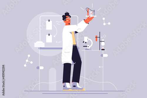 Scientist guy makes discovery vector illustration. Professional scientist chemical researchers work with lab tools flat style. Scientific research and technology concept. Isolated on grey background