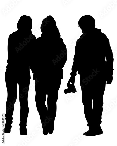 Group of tourists with photo camera. Isolated silhouettes of people on a white background