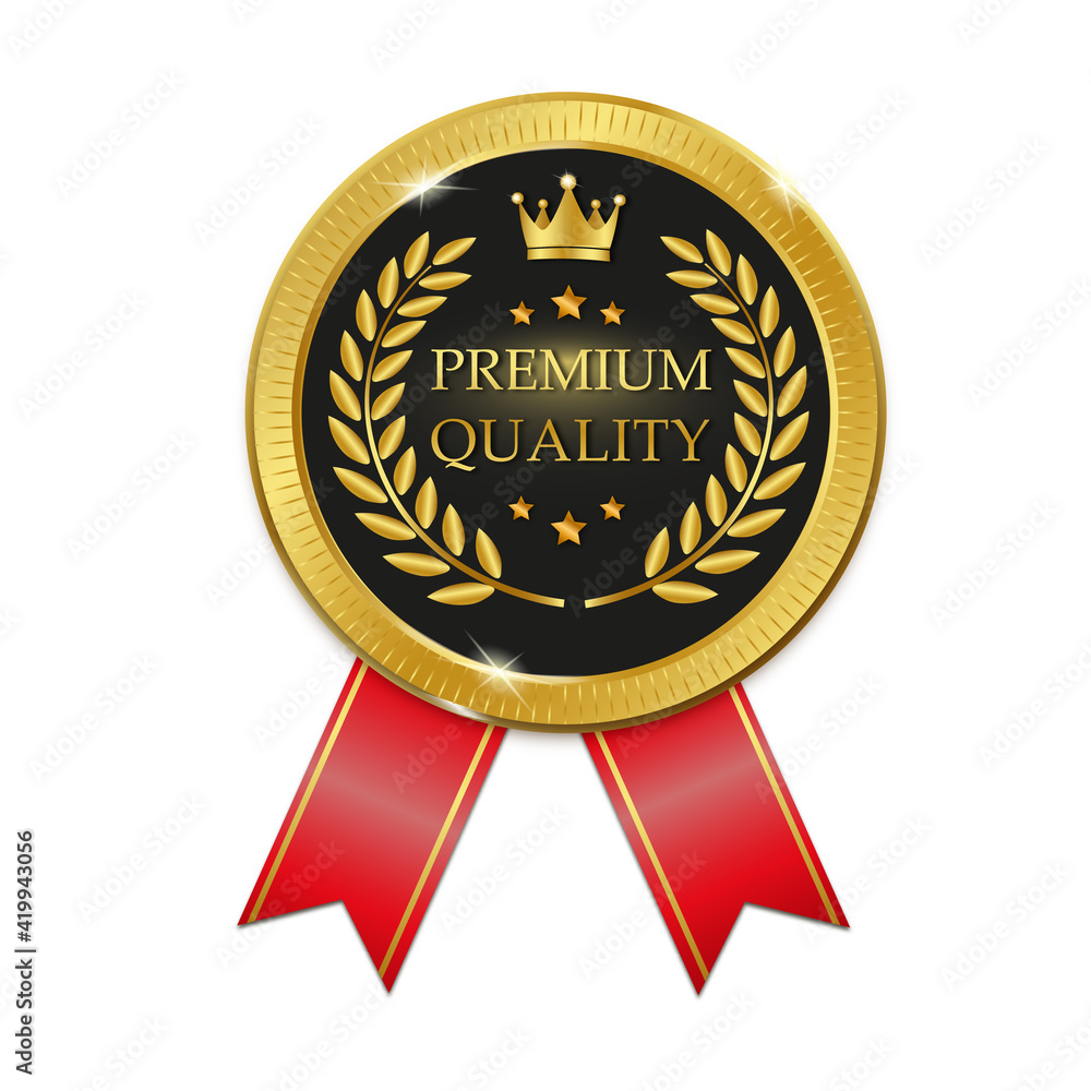 Golden premium quality label with red ribbon