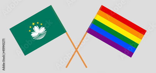 Crossed flags of Macau and LGBTQ. Official colors. Correct proportion