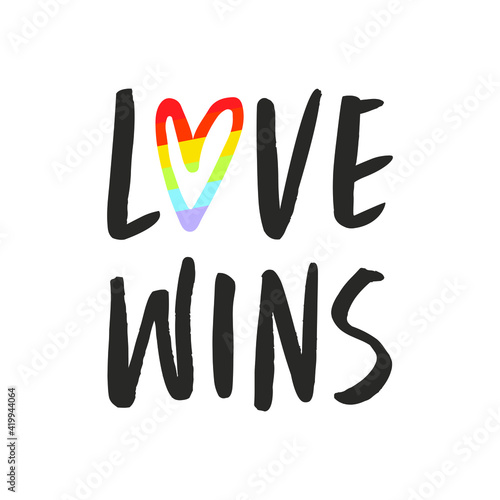 Flat vector cartoon design of the inspirational phrase love wins with a multicolored heart. LGBT slogan for greeting card, t-shirt print, poster. Isolated design on white background