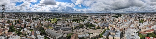 Aerial Panorama of the center of Riga, Latvia. In the background Zakusala TV tower