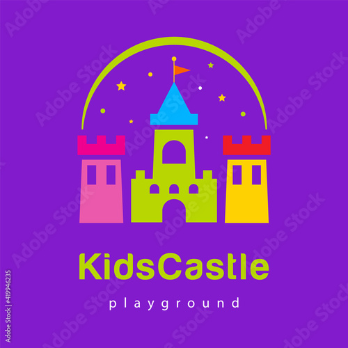 Abstract kids city logo playground, kids zone icon, king castle sign, bastion symbol with rainbow.Template bright logotype kids club, shop, wooden toys store, children play, baby center or park.Vector