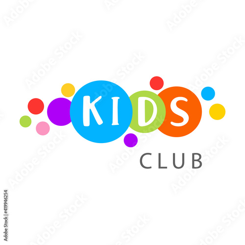 Vector logo lettering word kids background bright circles bubble on white background.Fun design template Children clothing shop,toys store,kids zone club,kindergarten,school,channel,center development