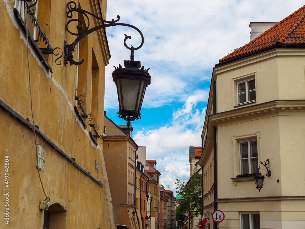 Lantern on an old street in Warsaw, Poland
