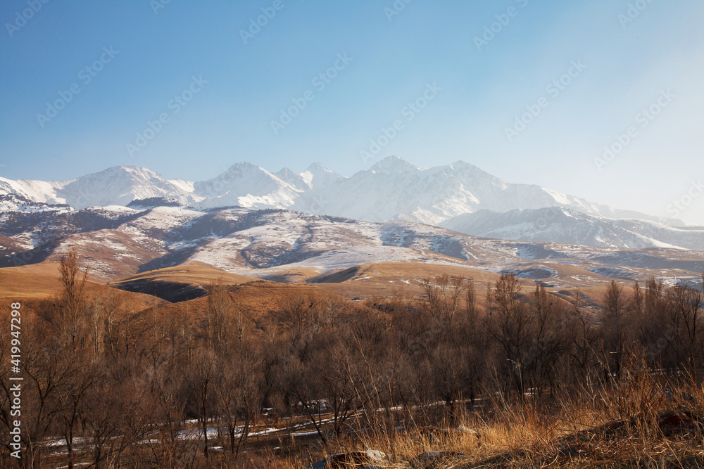 Panorama of the mountains: The Tien Shan Mountains in the evening
