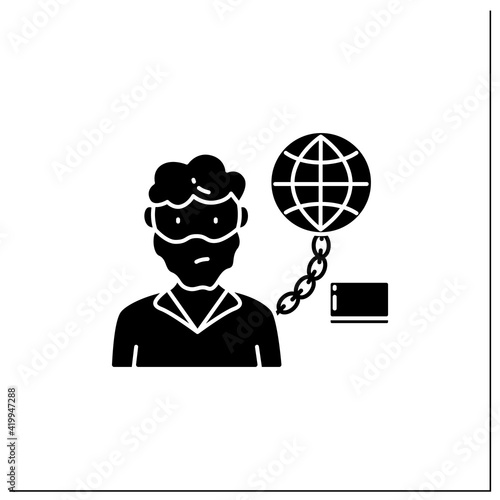 Internet addition glyph icon. Excessive or poorly controlled dependency regarding computer use and internet. Information overload concept.Filled flat sign. Isolated silhouette vector illustration