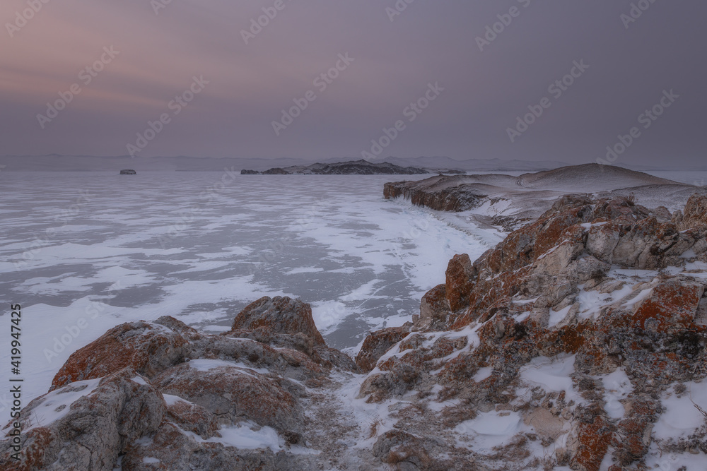 Panoramic view of lake Baikal. Cold Russian winter in Siberia.