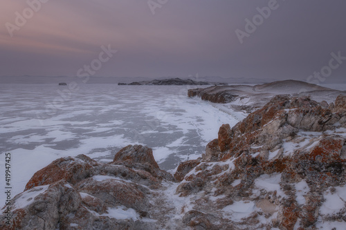 Panoramic view of lake Baikal. Cold Russian winter in Siberia.