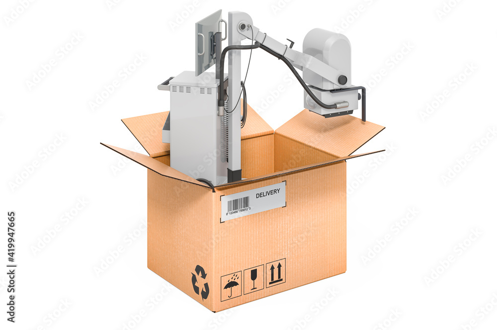 Mobile x-ray machine inside cardboard box, delivery concept. 3D rendering Mobile x-ray machine inside cardboard box, delivery concept. 3D rendering