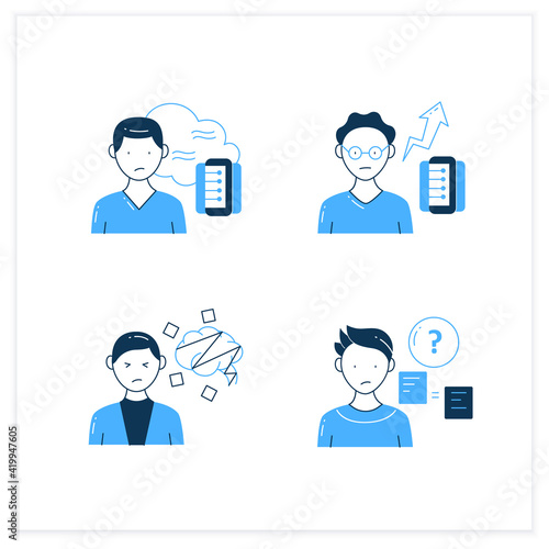 Information overload flat icons set. Consists of cognitive dissonance, comparative research method, data smog, new info rate. Vector illustrations