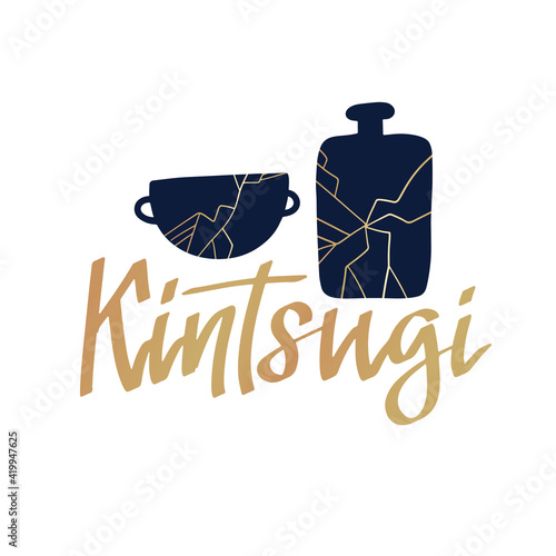 Silhouette of cracked bowl and botttle. Simple icon of Kintsugi with calligraphy text. Black illustration of gold repaired pottery. Flat isolated vector pictogram on white background