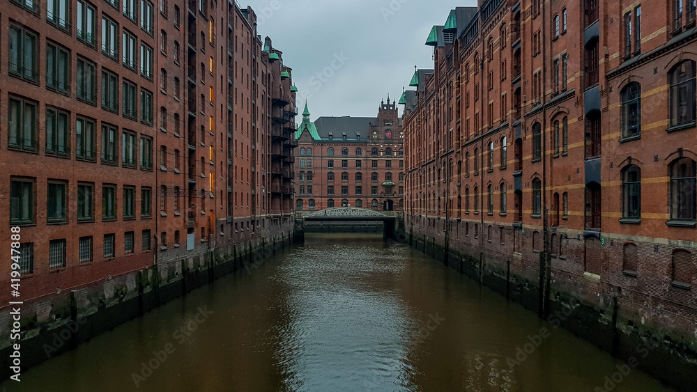traditional historic buildings at the canal in Hamburg Harbour