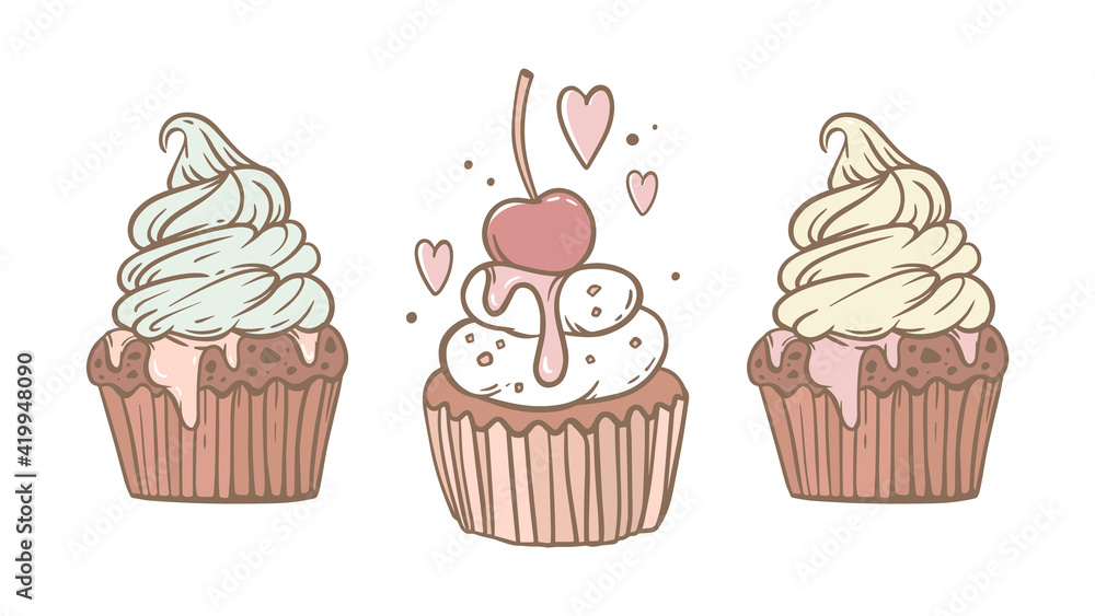 Three cupcakes on a white background. Decorating with cream, nuts, chocolate ganache, and cherries. Festive dessert, pastries. Vector illustration in a hand-drawn style. Design of stickers, banner. Three cupcakes on a white background. Decorating with cream, nuts, chocolate ganache, and cherries. Festive dessert, pastries. Vector illustration in a hand-drawn style. Design of stickers, banner.