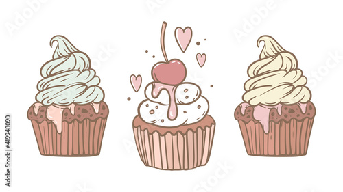 Three cupcakes on a white background. Decorating with cream  nuts  chocolate ganache  and cherries. Festive dessert  pastries. Vector illustration in a hand-drawn style. Design of stickers  banner.